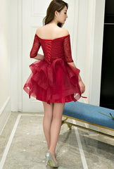 Charming Wine Red Short Sleeves Tulle Layer Party Dress, Homecoming Dress