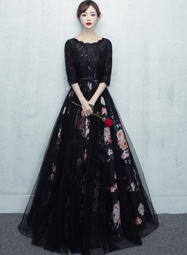 Beautiful Black Tulle and Lace Round Neckline Party Dress, Floral Prom Dress