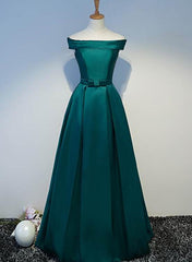 Dark Green Satin Off Shoulder Long Birdesmaid Dress, Floor Length Party Dress