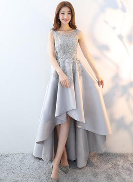 grey satin lace high low party dress