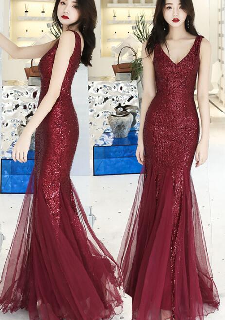 Wine Red Sequins with Tulle Mermaid Party Gown, Burgundy Prom Dress