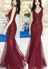Wine Red Sequins with Tulle Mermaid Party Gown, Burgundy Prom Dress