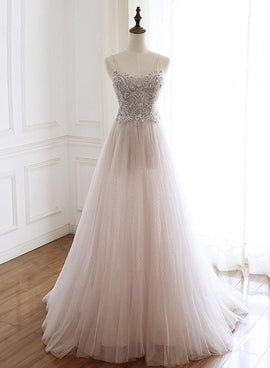 Beautiful Light Pink Tulle Sweetheart Beaded Party Gown, Long Prom Dress