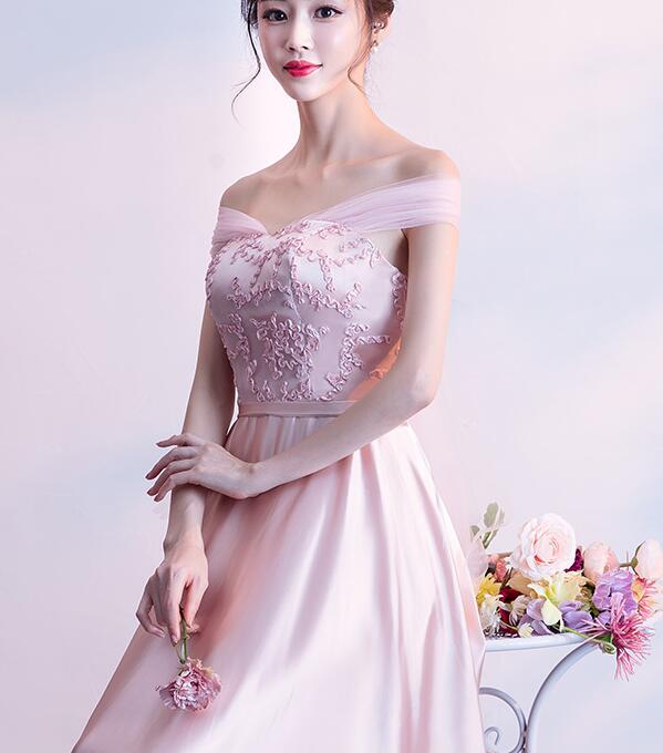 Pink Off Shoulder Lace and Satin Evening Dress, Pink Long Prom Dresss