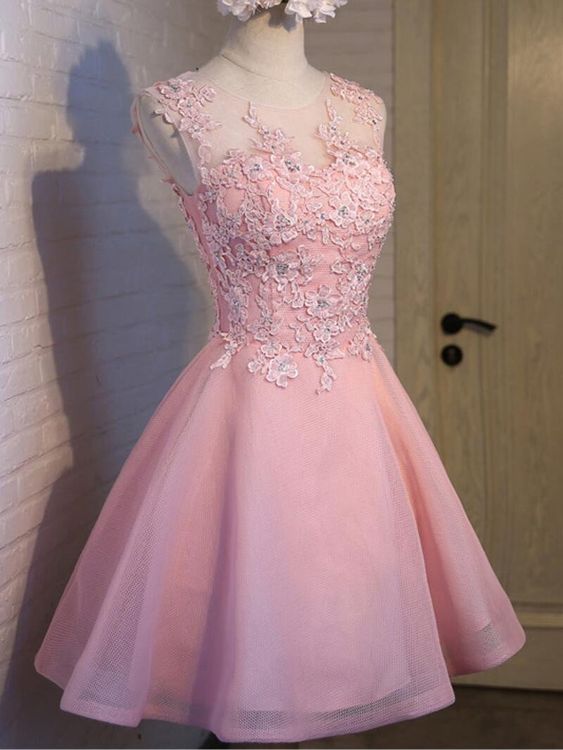 Elegant Pink Tulle Round Neckline Applique Party Dress, Charming Formal Dress