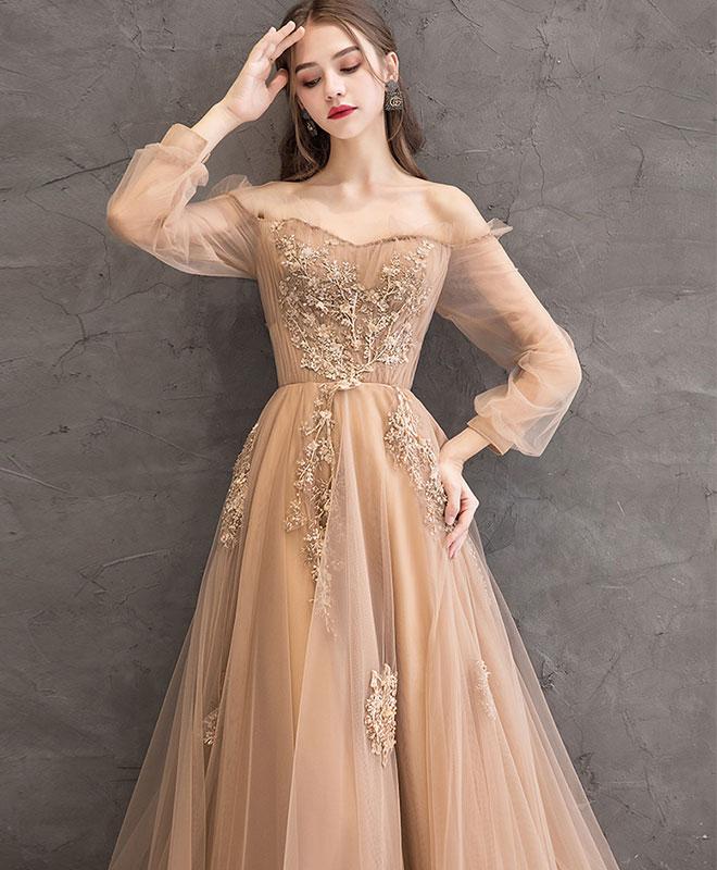 Charming Tulle Pink/Champagne Long Sleeves Junior Party Dress, A-line Formal Dress Evening Dress Charming Tulle Pink/Champagne Long Sleeves Junior Party Dress, A-line Formal Dress Evening Dress