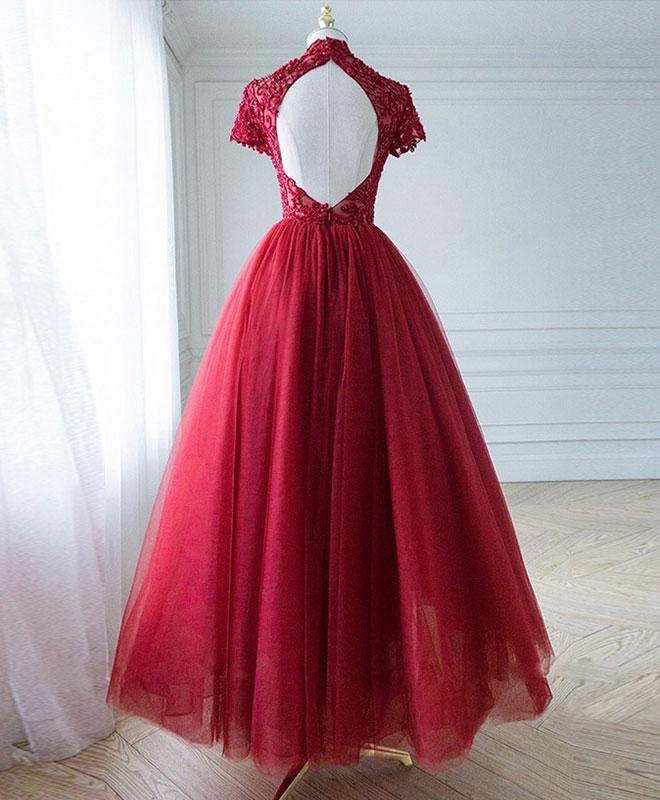 Dark Red Lace High Neckline Beaded Prom Dress, Tulle Evening Dress Formal Dress