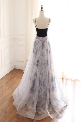 Black Straps Sweetheart Tulle Long Party Dress, Evening Gowns Graduation Dress