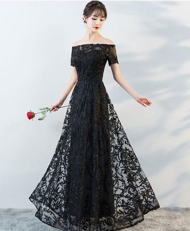 Black Off Shoulder Lace Bridesmaid Dress, Lace Party Gowns