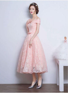 Pink Lace Sweetheart Off Shoulder Tea Length Formal Dress, Cute Bridesmaid Dress