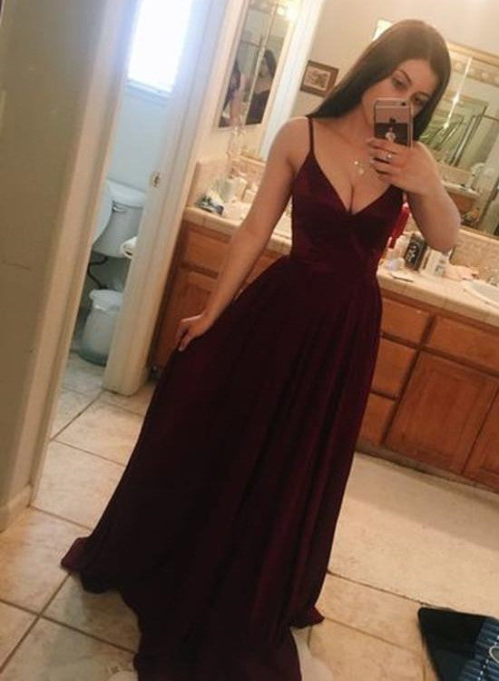 Lovely Maroon V-neckline Long Party Dress, Pretty Prom Dress, Charming Gown