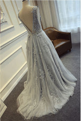 Grey Prom Dress , Tulle and Lace Evening Gowns, Formal Gowns