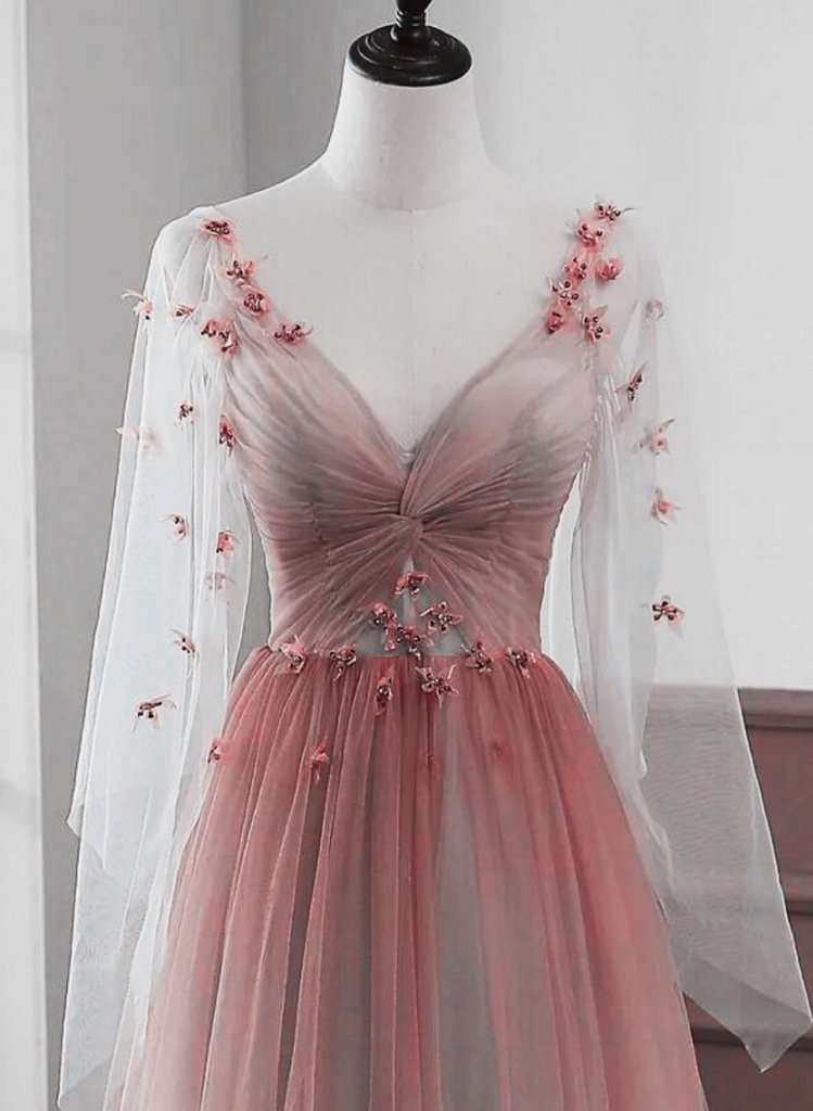 Lovely Gradient A-line Tulle Long Sleeves Party Dress, Gradient Prom D