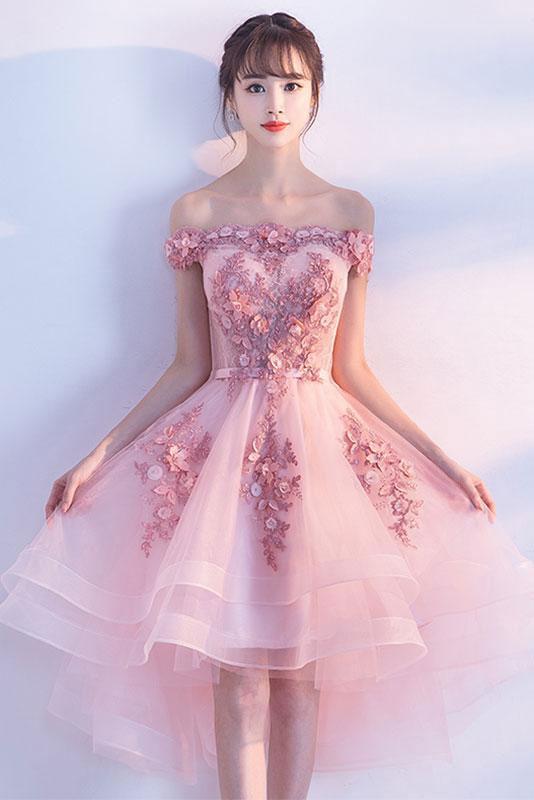 Pink Off Shoulder Tulle High Low Homecoming Dresses, Lovely Party Dress