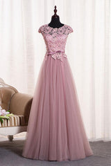 Pink Round Neckline Lace and Tulle Gown, Evening Gowns, Pink Junior Party Dresses