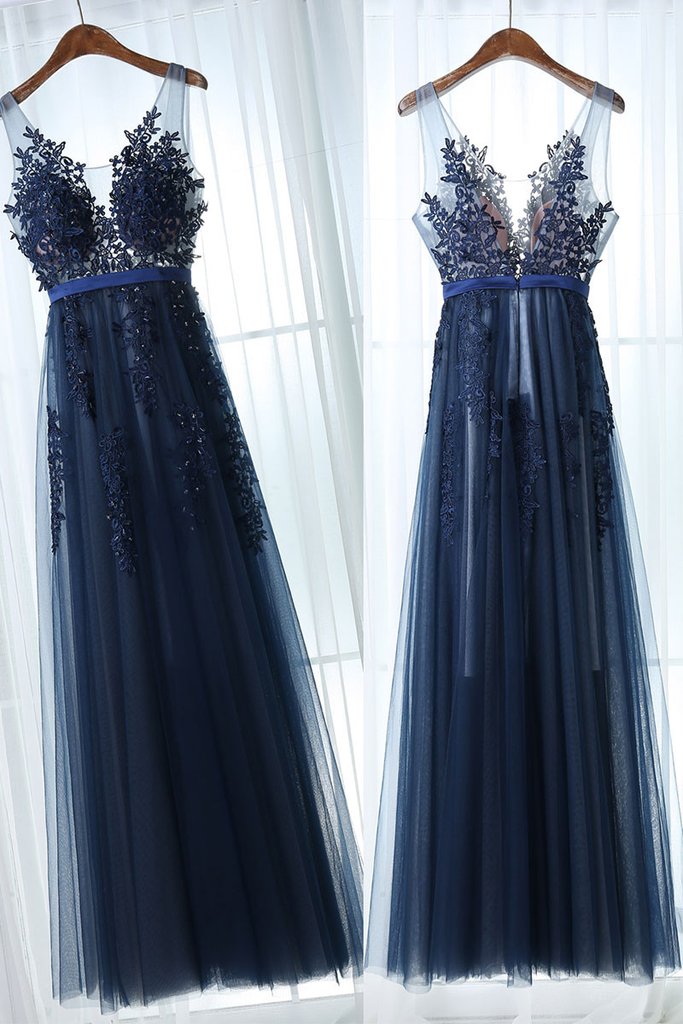 Navy Blue Lace Applique Tulle Long Formal Gown, Applique Evening Gowns
