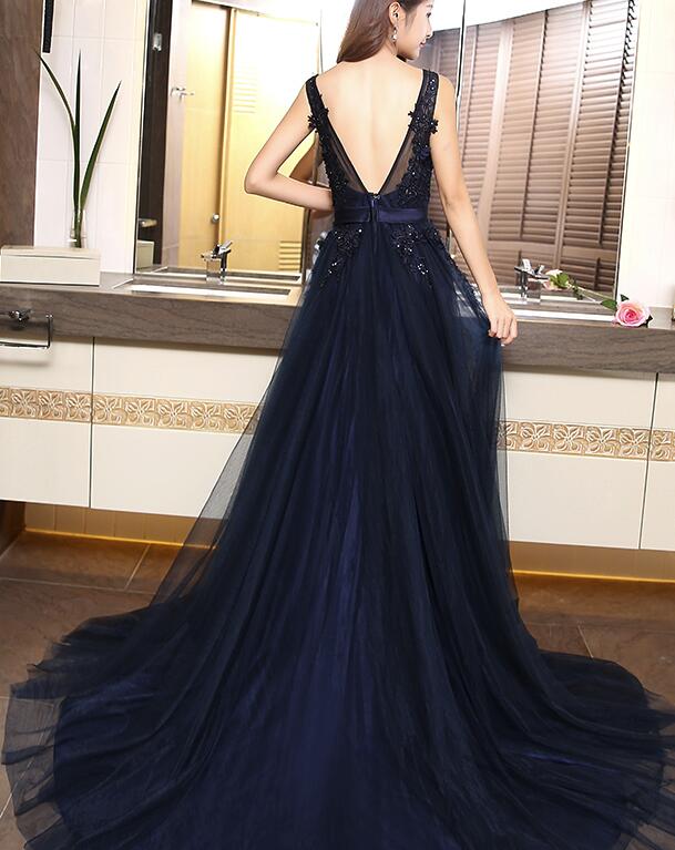 Navy Blue V Back Formal Dress with Belt, Handmade Party Dress, Prom Dress