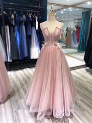 Charming Tulle Straps Long Formal Gown, Pink Elegant Party Dress