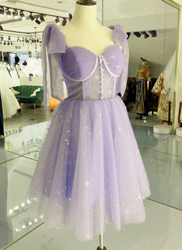 Lavender Tulle Short Straps Party Dress, Tulle Homecoming Dresses