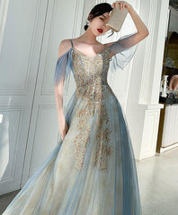 Charming Lace Light Blue V-neckline Long Prom Dress, A-line Formal Dress Evening Dress