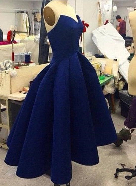 Navy Blue High Low Tea Length Party Dress, Blue Wedding Party Dress