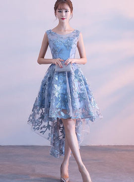blue lace high low party dress