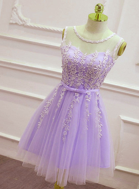 Cute Light Purple Tulle Short Prom Dress, Lace Applique Formal Dress