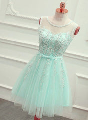 Cute Mint Green Tulle Short Party Dress with Lace Applique, Homecoming Dress