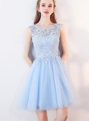 Light Blue Tulle Round Neckline Lace Cute Party Dresses, Short Formal Dress, Graduation Dresses
