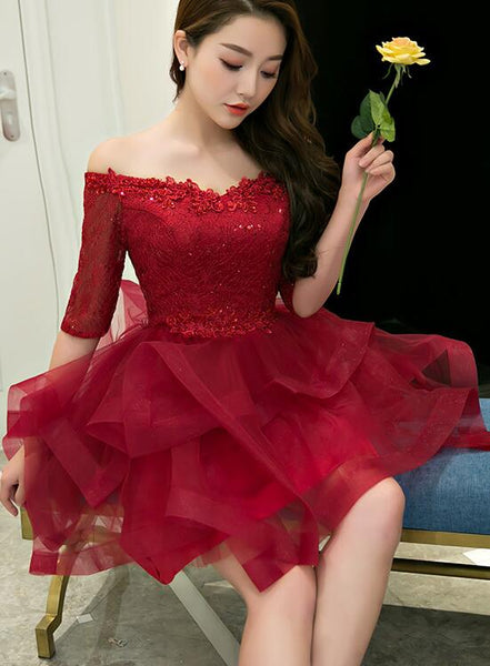 Wine Red Tulle Short Sleeves Tea Length Party Dress with Lace, Dark Re –  Cutedressy