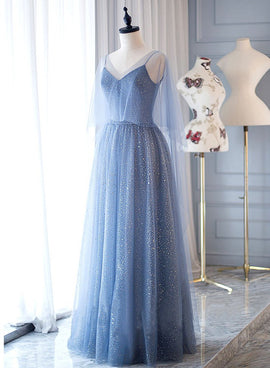 Light Blue Tulle Long Straps Elegant Party Gowns, Blue Floor Length Evening Dress