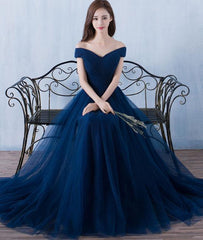 Beautiful Navy Blue Off Shoulder Tulle Formal Dress, Lovely Party Dresses