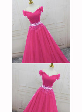 Pink Sweetheart Beaded Tulle Off Shoulder Long Prom Dress, Pink Formal Dresses