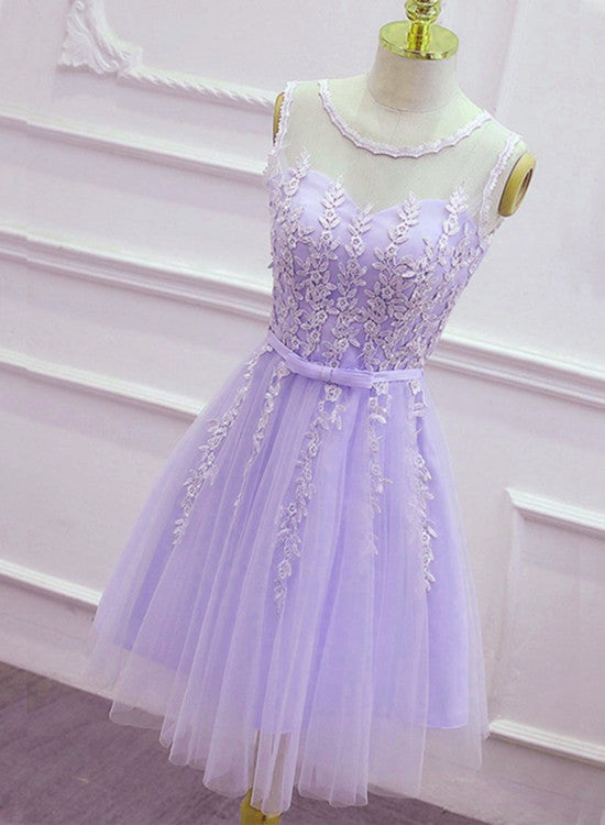 Lovely Tulle Round Neckline Applique Purple Party Dress, Lavender Homecoming Dress 2019