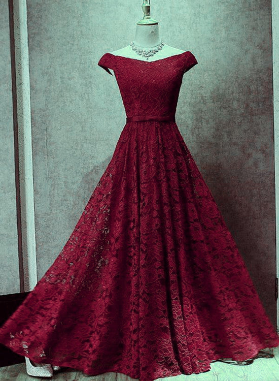 Wine Red Lace Off Shoulder Lace-up Long Party Dresses, Lace Evening Gowns, Formal Gowns
