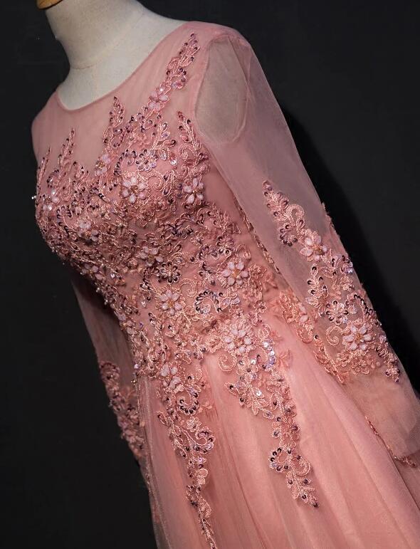 Pink A-line Tulle Applique Prom Dress JTE235