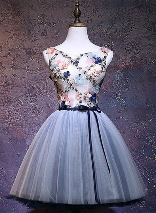 grey tulle flower homecoming dress