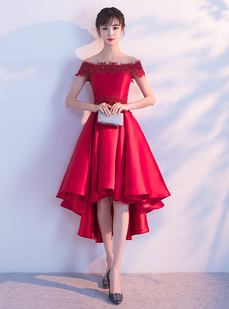 Red Satin with Lace Beaded High Low Homecoming Dress, Red Short Prom D Cutedressy Red Satin with Lace Beaded High Low Homecoming Dress, Red Short Prom D Cutedressy