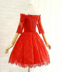 Beautiful Red Lace Short Sleeves Wedding Party Dress, Red Prom Dress