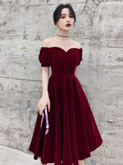 Wine Red Short Velvet Evening Dresses, Off Shoulder Prom Dresses Bridesmaid Dress
