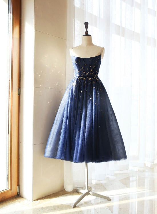 Navy Blue Tulle Straps Short Evening Dress, Blue Lovely Party Dress Prom Dress
