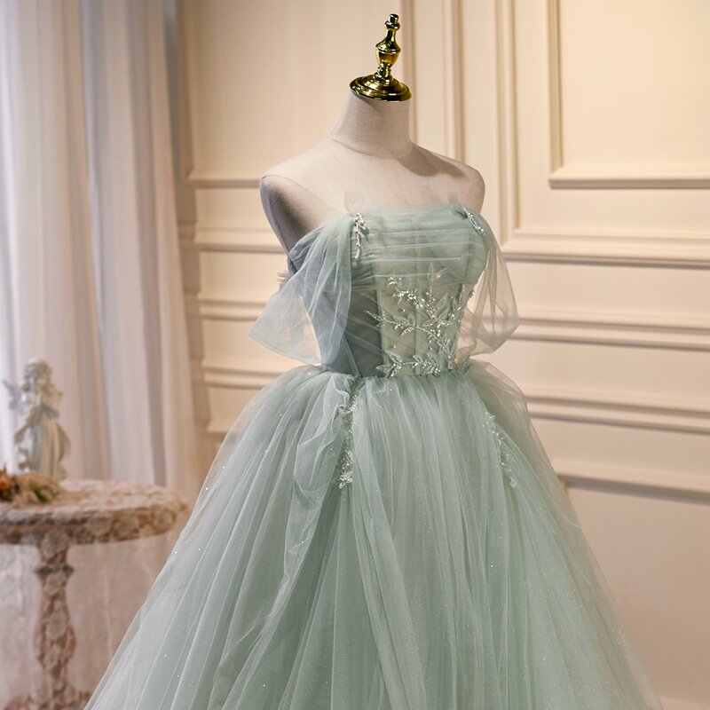 Light Green Tulle Beaded Ball Gown Off Shoulder Party Dress, Green Swe Cutedressy Light Green Tulle Beaded Ball Gown Off Shoulder Party Dress, Green Swe Cutedressy