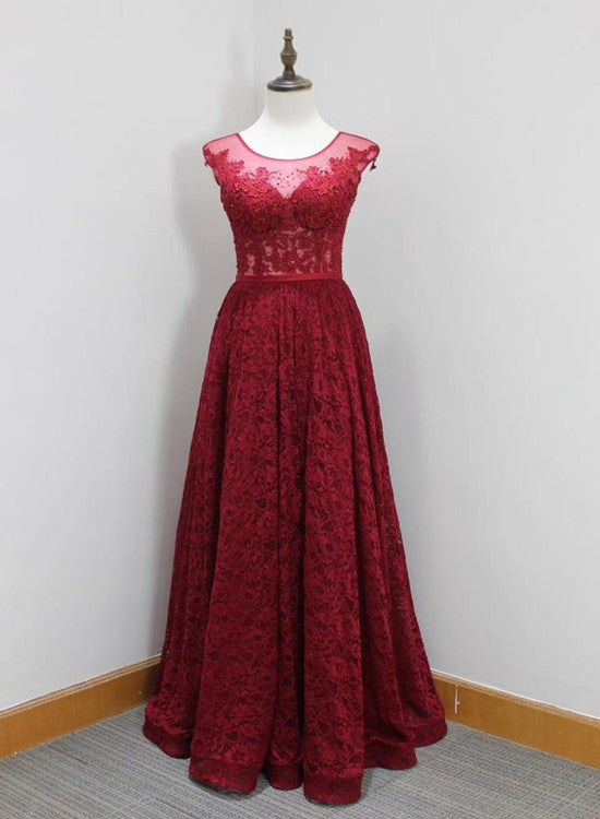 Burgundy Lace High Quality Handmade Formal Gowns, A-line Long Prom Dress, Elegant Evening Gowns