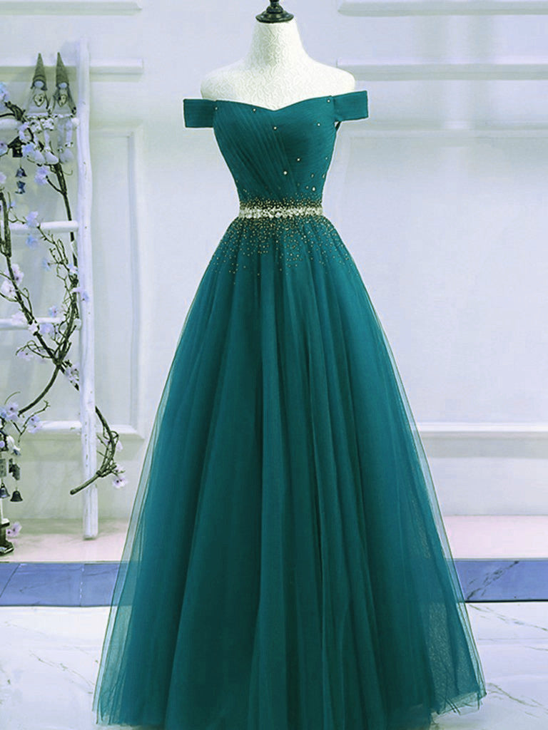 Pretty Hunter Green Off Shoulder Beaded Prom Dress, Long Evening Dress Cutedressy Pretty Hunter Green Off Shoulder Beaded Prom Dress, Long Evening Dress Cutedressy
