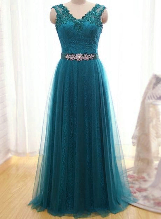 Blue Tulle and Lace Applique Long A-line Bridesmaid Dress, Charming Formal Dress