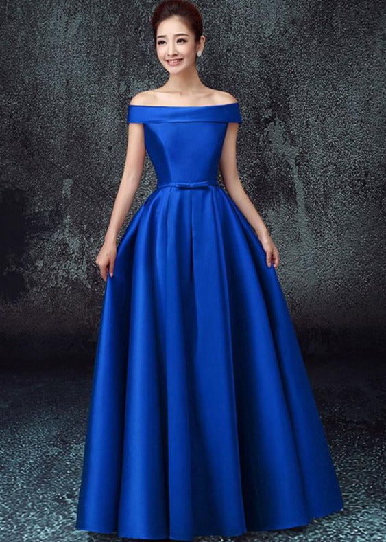 Simple Satin Off Shoulder Long Party Dress A-line Prom Dress C3287 main image 1