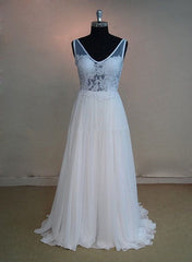 White Chiffon and Lace Backless Simple Wedding Dress, Beautiful White Prom Dress