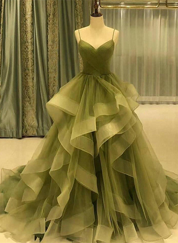 Beautiful Green Ruffles Sweep Train Long Prom Dress, Straps Evening Formal Dresses