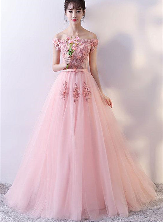 pink off shoulder prom dress 2020