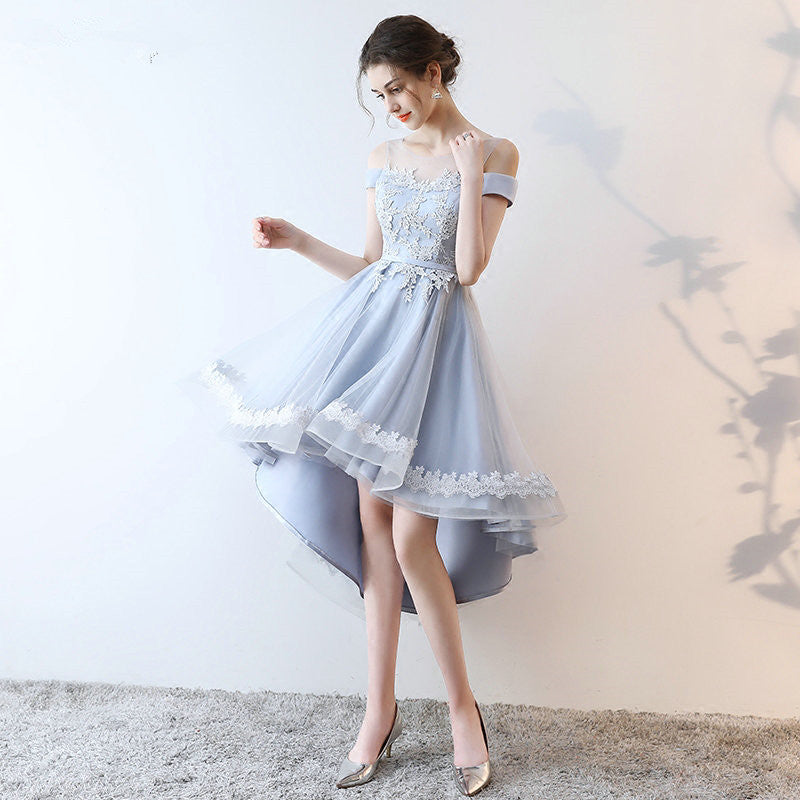 Beautiful Light Grey Tulle Off Shoulder High Low Lace Party Dress, Gre Cutedressy Beautiful Light Grey Tulle Off Shoulder High Low Lace Party Dress, Gre Cutedressy